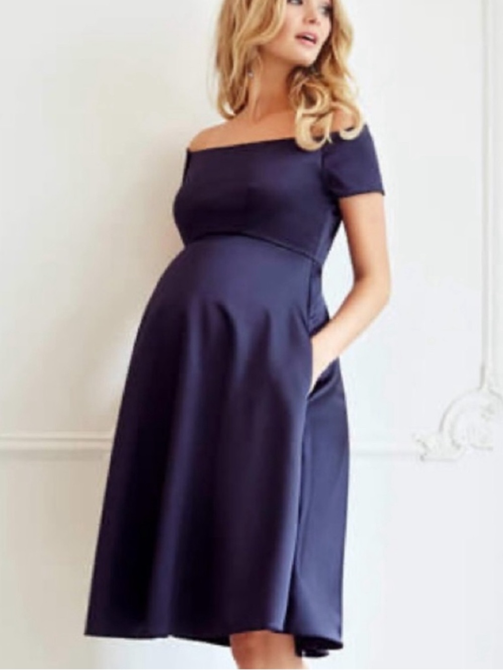 NWT Tiffany Rose Maternity Dress Aria Off Shoulder Midnight Blue Sz 2 MSRP $510